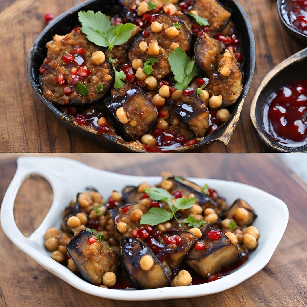 Aubergine frite à la mélasse de grenade et aux pois chiches 